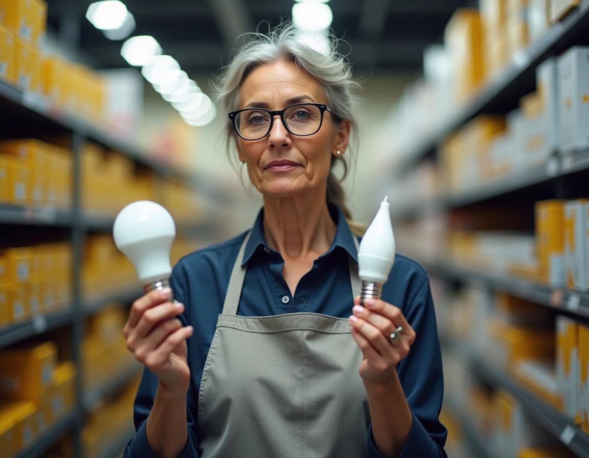 Femme comparant deux ampoules de tailles différentes culot E27 et E14 dans un magasin de bricolage