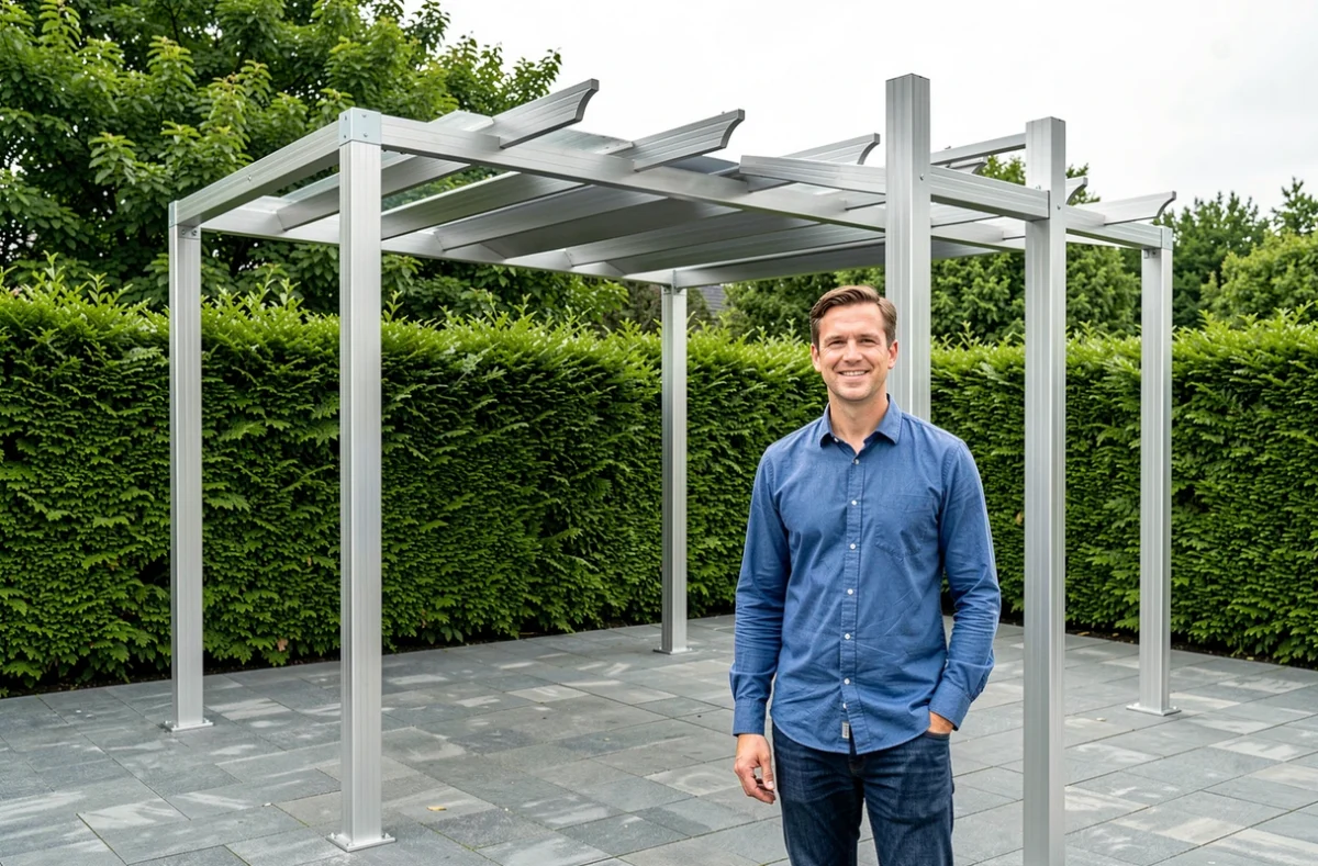 Conseiller présentant une pergola aluminium dans un espace concept store spécialisé dans le Finistère