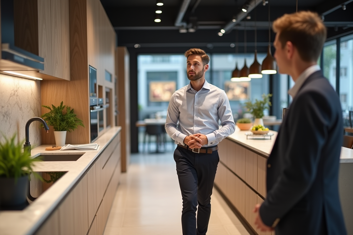 Jeune conseiller en showroom cuisine discute avec un visiteur