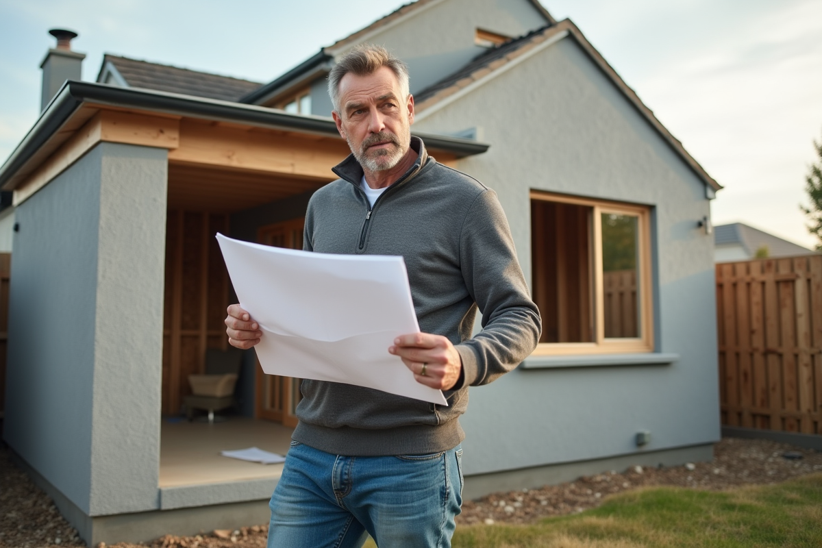 Homme avec plans de construction près d'une extension