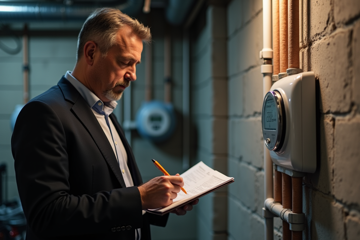 Consultant énergie analysant des tuyaux isolés dans une cave moderne