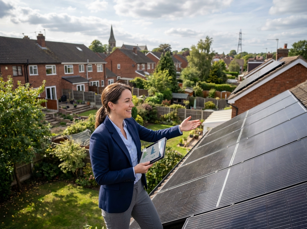 Consultante en energie avec panneaux solaires sur un toit résidentiel