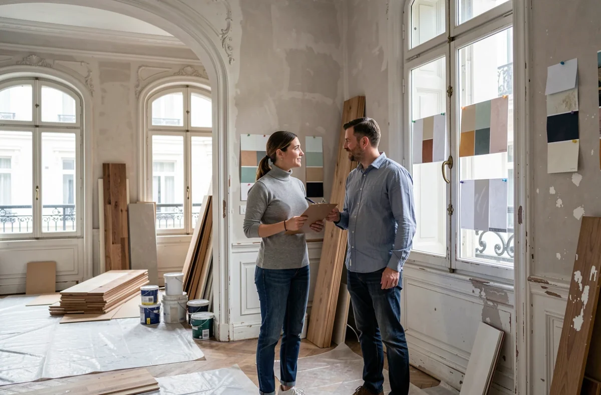 Décoratrice et client en consultation dans un appartement haussmannien en cours de rénovation à Lille, avec échantillons de couleurs sur les murs