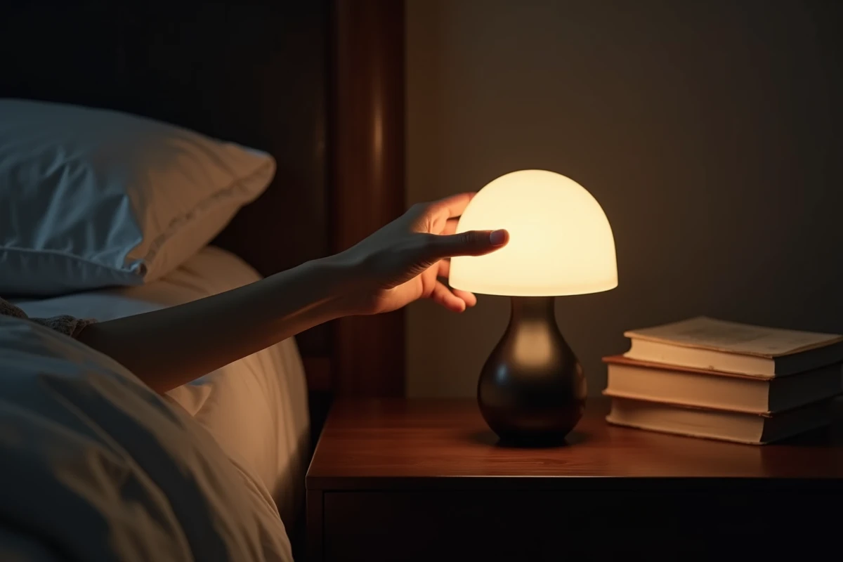 Main effleurant la base tactile d'une lampe champignon dimmable sur table de nuit en noyer pour régler l'intensité lumineuse
