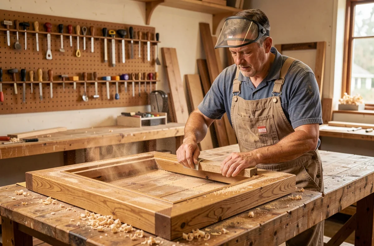 Artisan de Corre Ponçage ponçant un cadre de fenêtre en chêne massif dans un atelier de menuiserie
