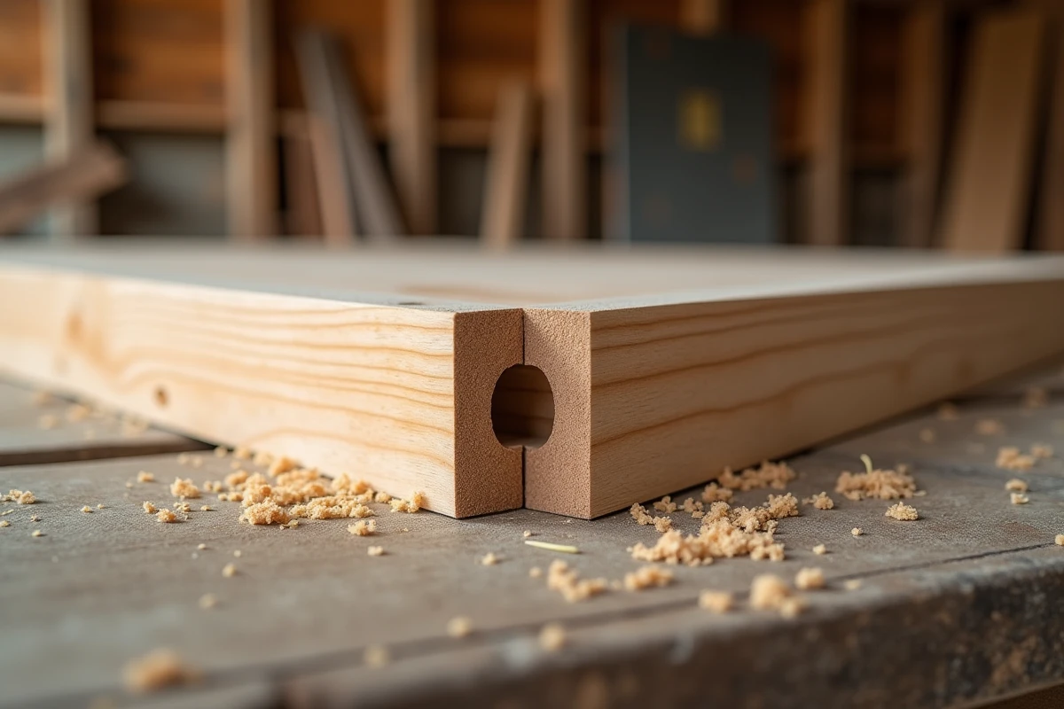 Gros plan sur deux plinthes en bois assemblées en coupe d'angle extérieure à 45 degrés sur un établi