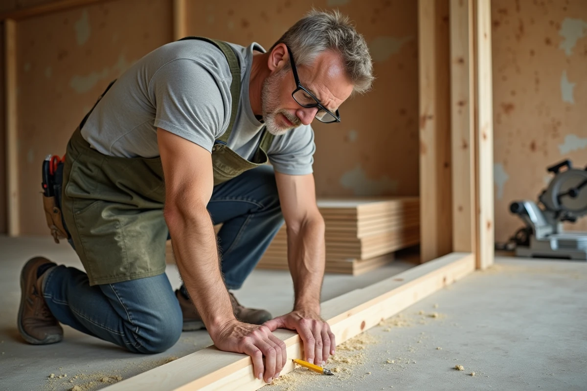 Menuisier mesurant une plinthe pour une coupe d'angle intérieure avec une équerre et un crayon sur chantier