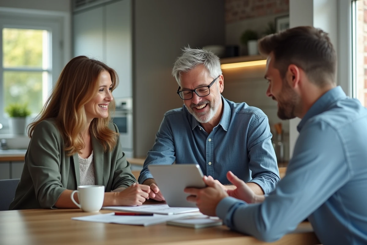 Couple discutant avec un conseiller immobilier à la cuisine