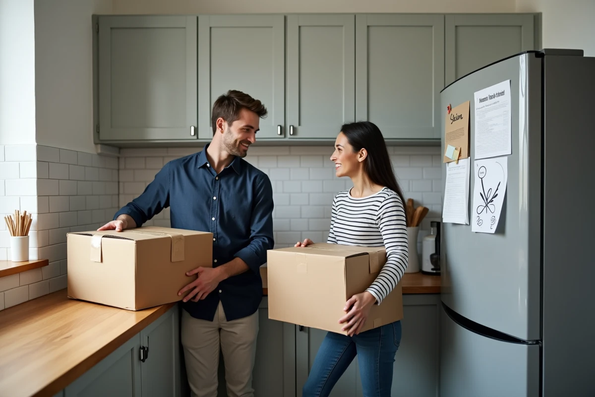 Couple déballant des cartons dans la cuisine d'un nouvel appartement en location avec une checklist affichée sur le réfrigérateur