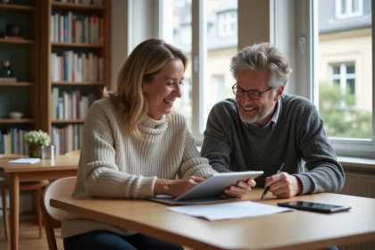 Couple d'adultes discutant de documents &agrave; Paris