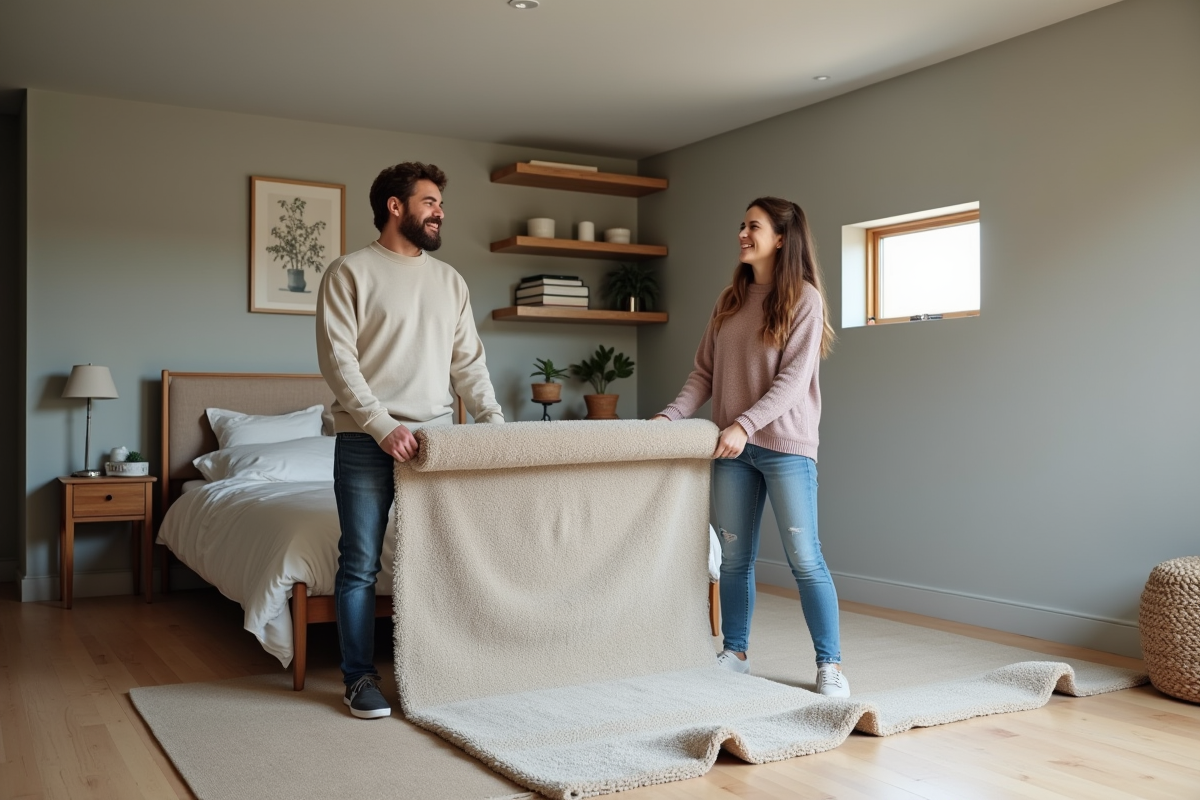 Couple souriant dans une chambre rénovée avec tapis et mobilier moderne