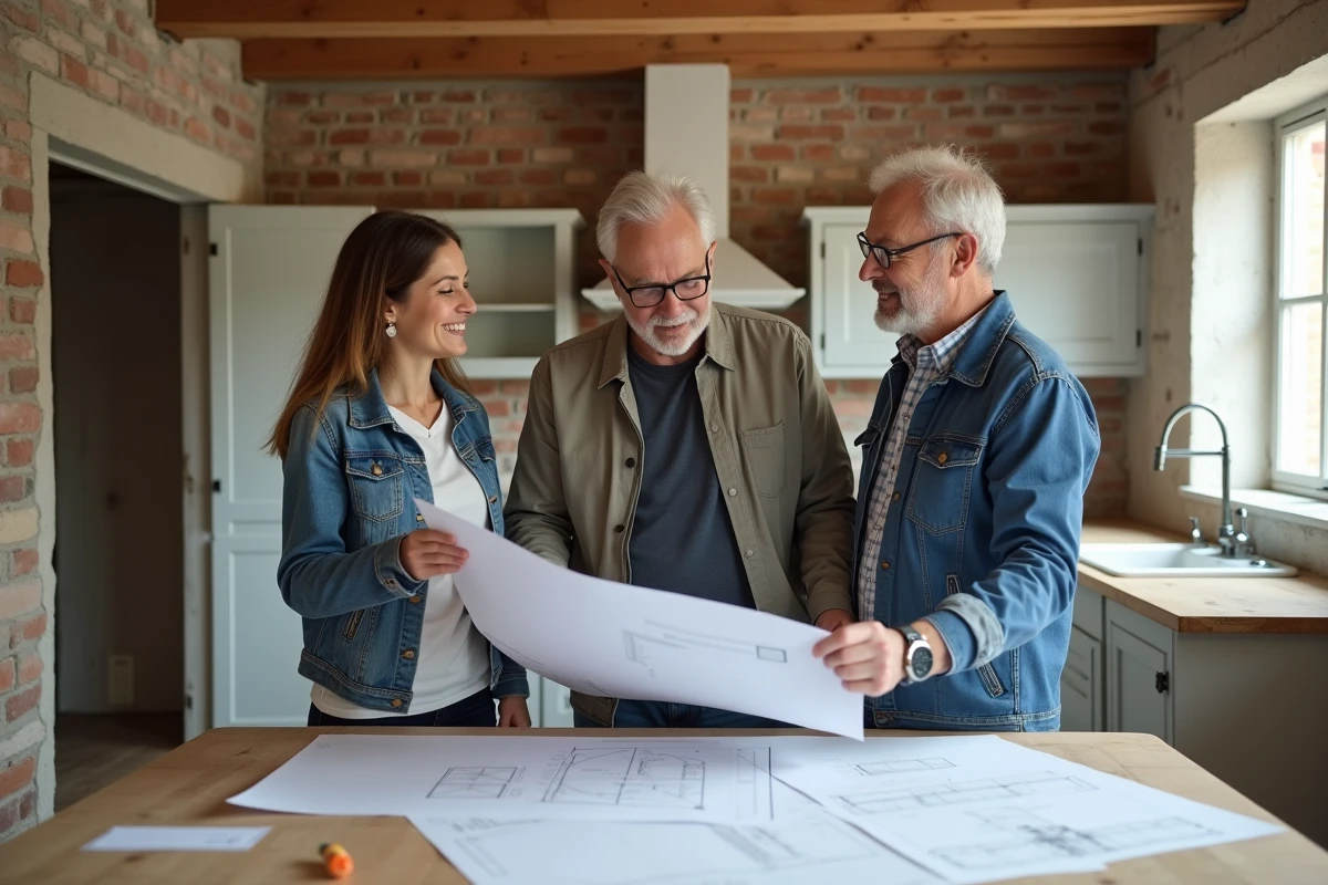 Couple et professionnelle discutant plans de renovation dans une cuisine