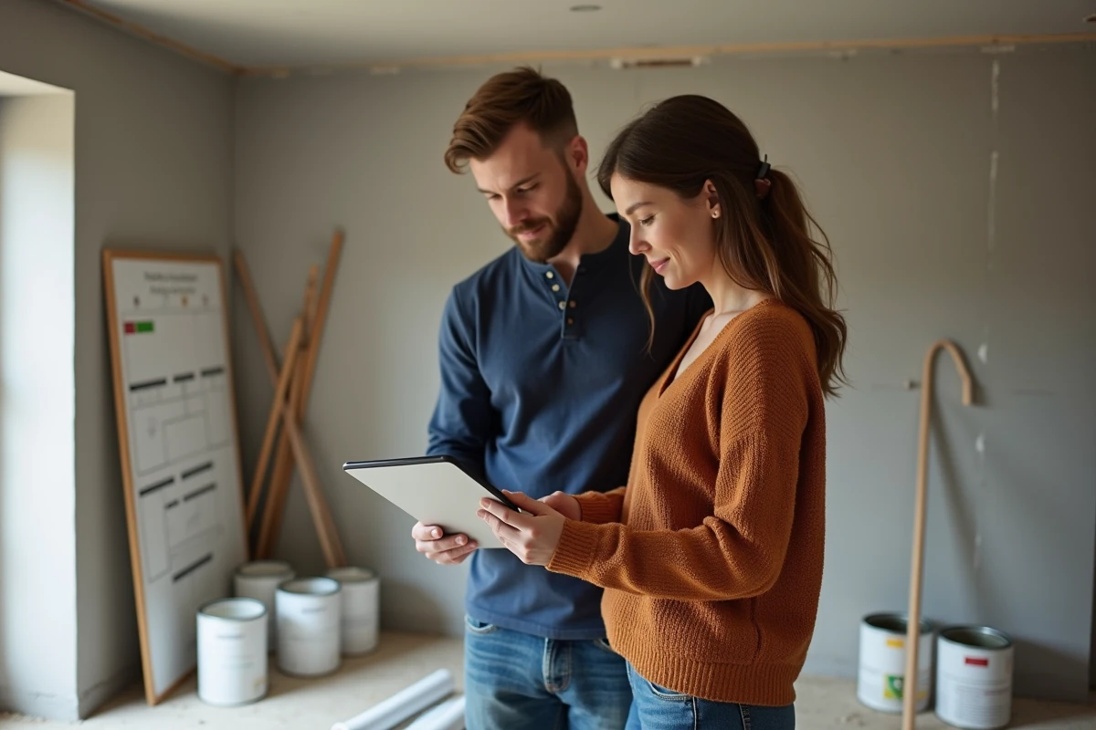 Couple consultant un simulateur de décoration sur tablette au milieu d'un chantier de rénovation intérieure