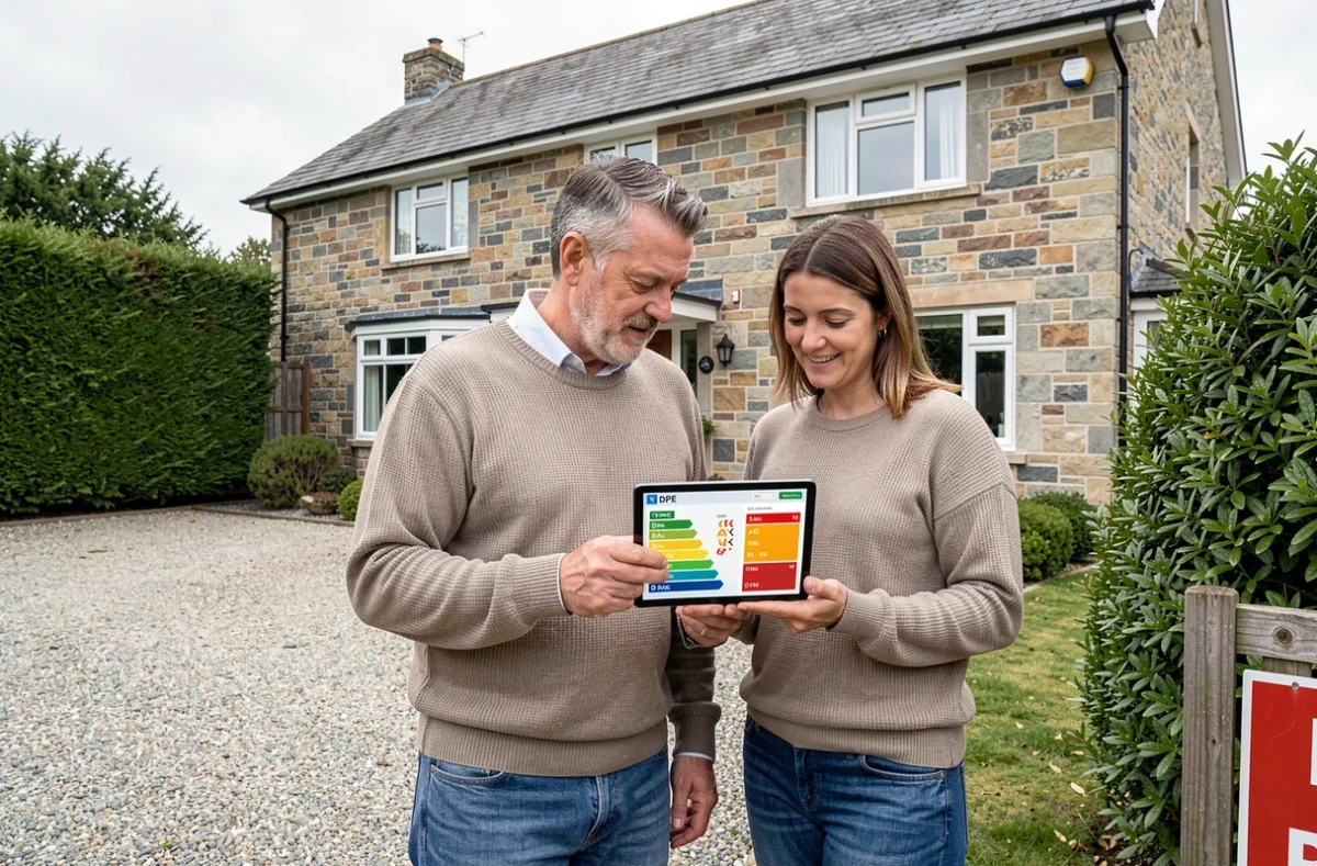 Couple devant une maison à vendre consultant un simulateur DPE sur tablette lors d'une visite immobilière