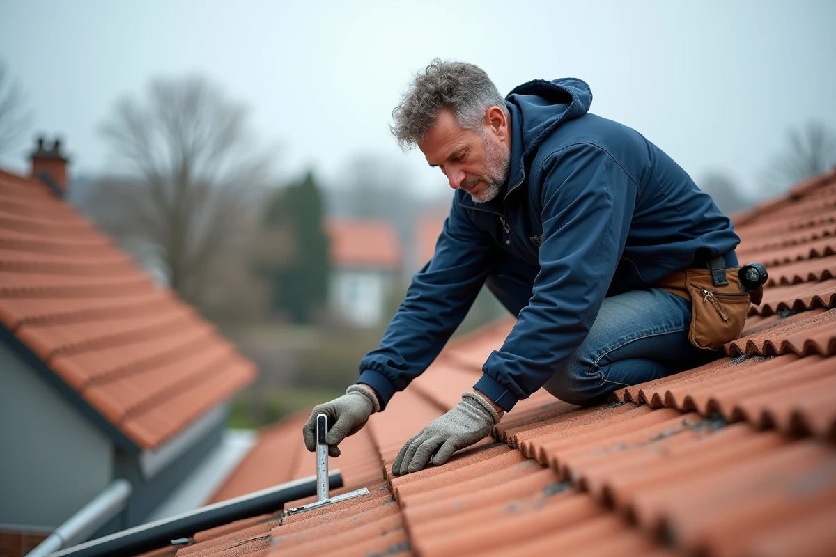 Couvreur professionnel mesurant la pente d'une toiture en tuiles terre cuite sur une maison individuelle en banlieue