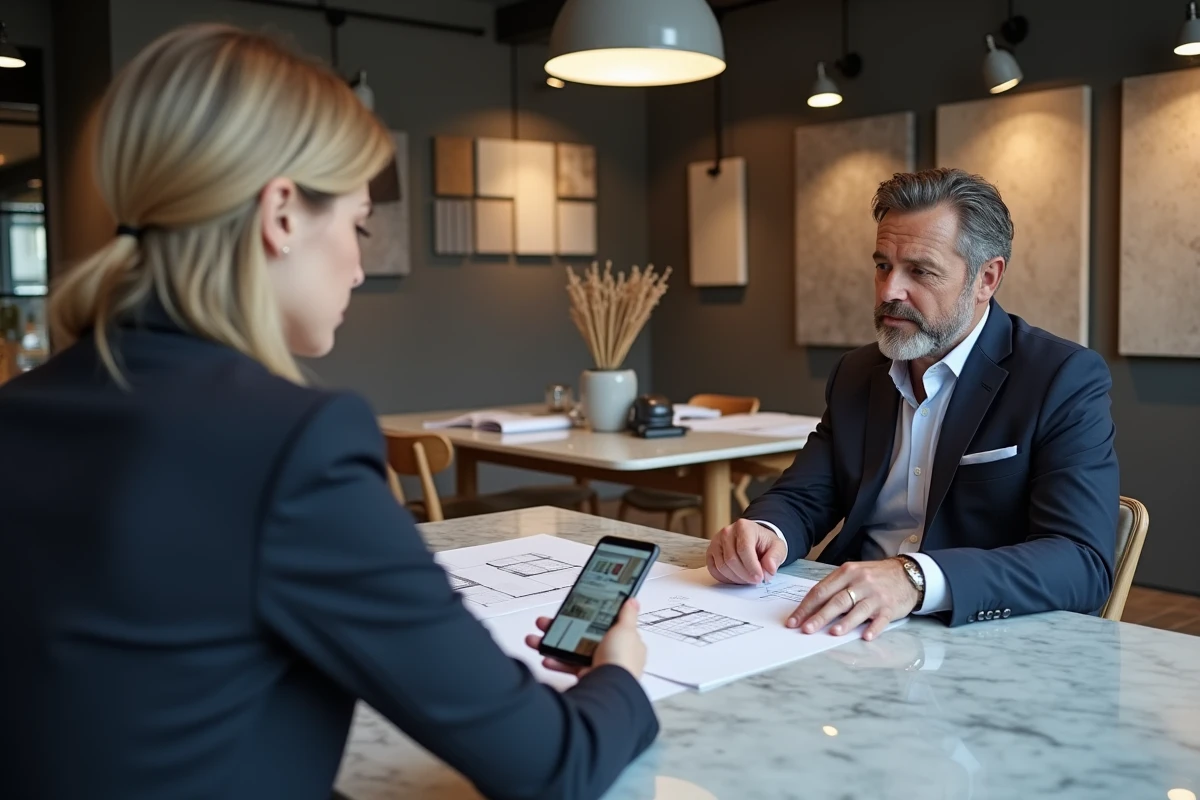 Décorateur d'intérieur et client examinant des plans et une application de décoration lors d'un rendez-vous professionnel