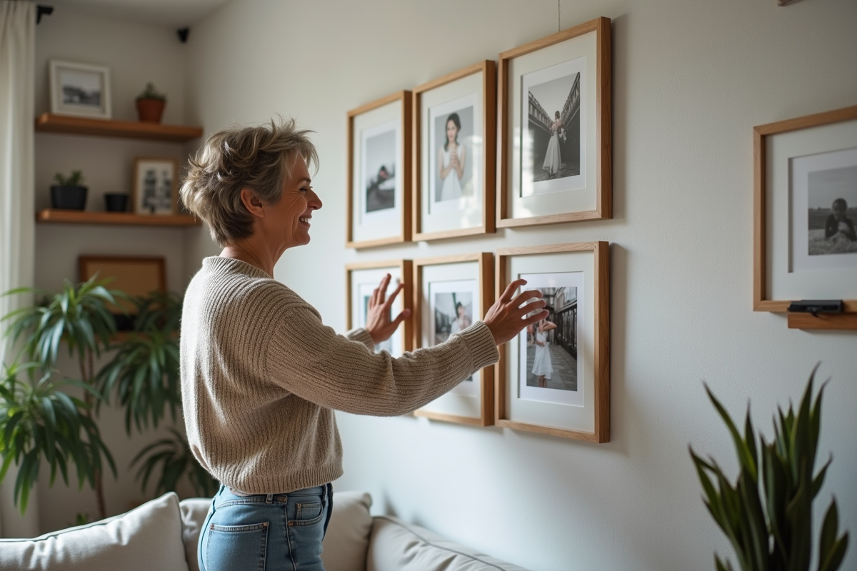 Femme souriante arrangeant des cadres photos sur un mur