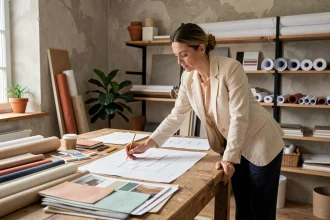 Décoratrice d'intérieur de l'agence LeSavoirFaireDéco à Lille consultant des planches de tendances et échantillons de matériaux dans son atelier de création