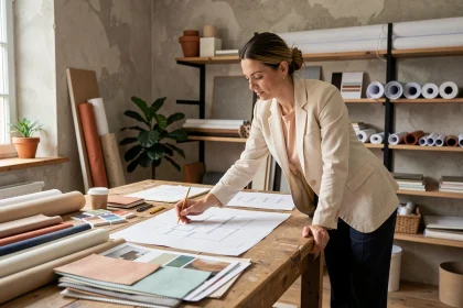 Décoratrice d'intérieur de l'agence LeSavoirFaireDéco à Lille consultant des planches de tendances et échantillons de matériaux dans son atelier de création