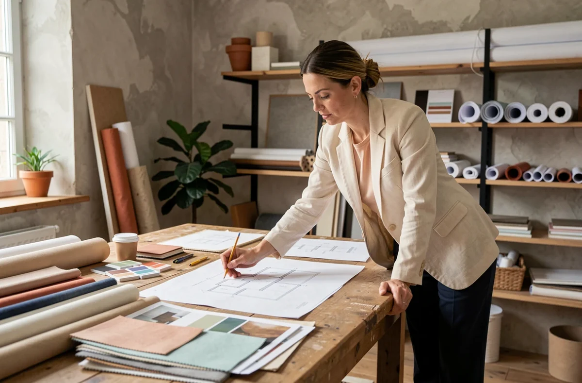Décoratrice d'intérieur de l'agence LeSavoirFaireDéco à Lille consultant des planches de tendances et échantillons de matériaux dans son atelier de création