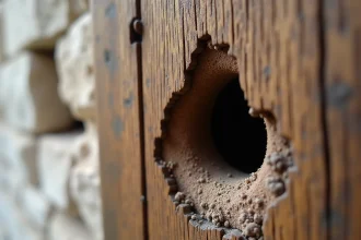 Dégâts du capricorne des maisons sur un montant de porte en chêne, trous de sortie ovales et sciure fine visibles sur le bois