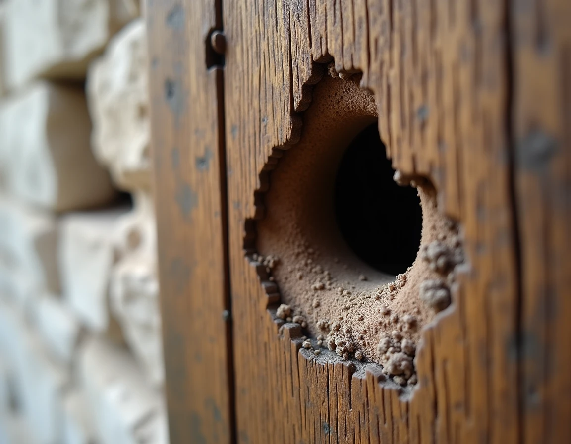 Dégâts du capricorne des maisons sur un montant de porte en chêne, trous de sortie ovales et sciure fine visibles sur le bois