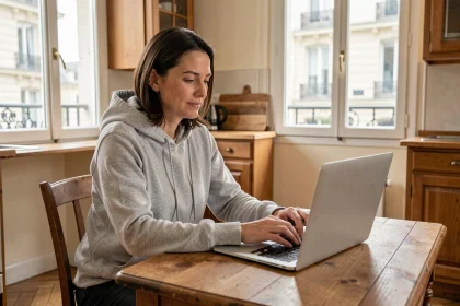 Femme parisienne effectuant une demande d'enlèvement d'encombrants en ligne depuis son appartement haussmannien