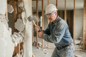 Ouvrier du bâtiment démolissant un mur non porteur avec un marteau-piqueur dans une maison en rénovation