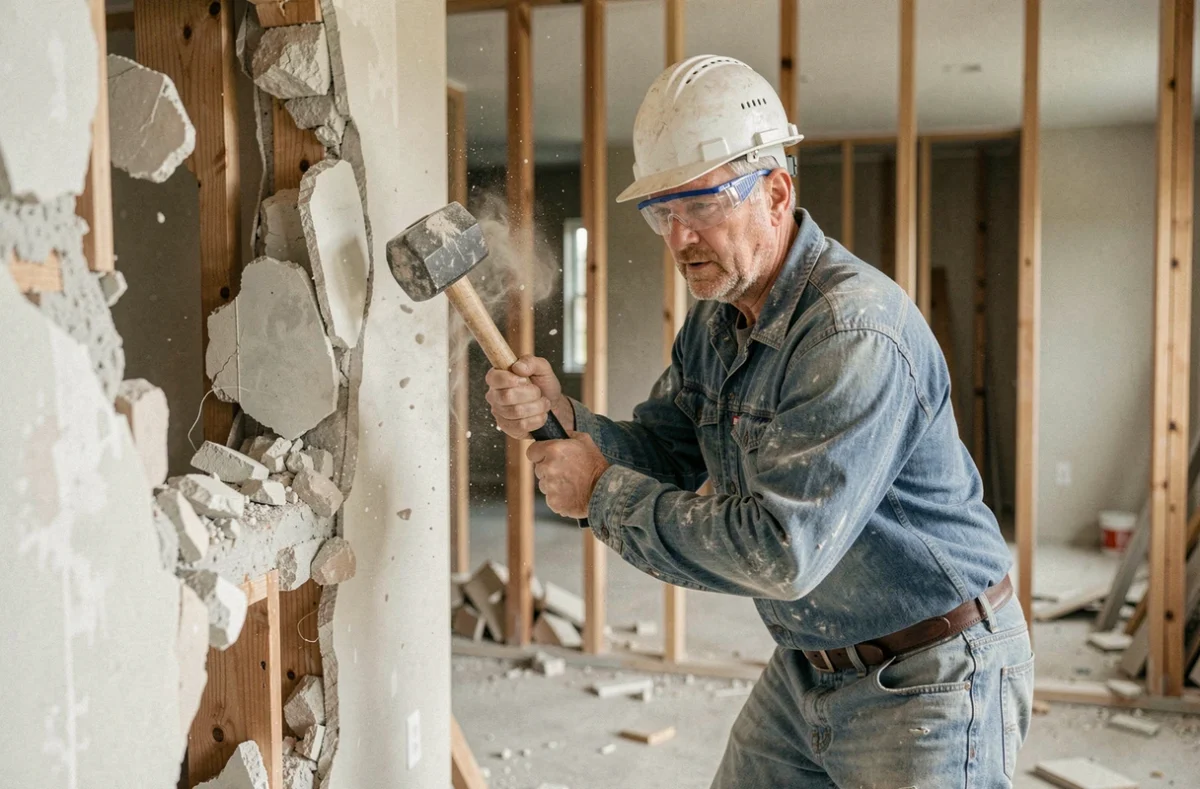 Ouvrier du bâtiment démolissant un mur non porteur avec un marteau-piqueur dans une maison en rénovation