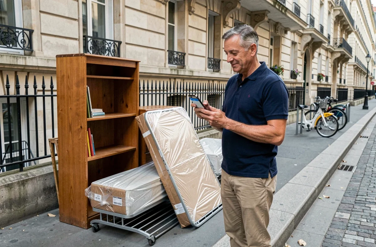Homme déposant des encombrants sur le trottoir parisien après avoir effectué une réservation en ligne auprès de la ville