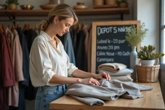 Femme déposant un manteau vintage dans un dépôt vente à Caen, boutique de seconde main organisée avec portants et étiquettes de prix