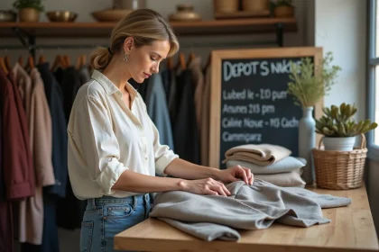 Femme déposant un manteau vintage dans un dépôt vente à Caen, boutique de seconde main organisée avec portants et étiquettes de prix