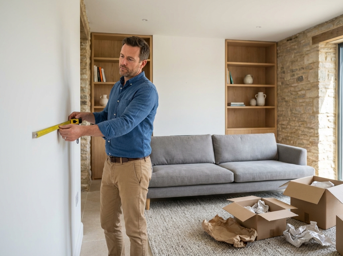 Designer intérieur mesure un mur dans un salon rénové