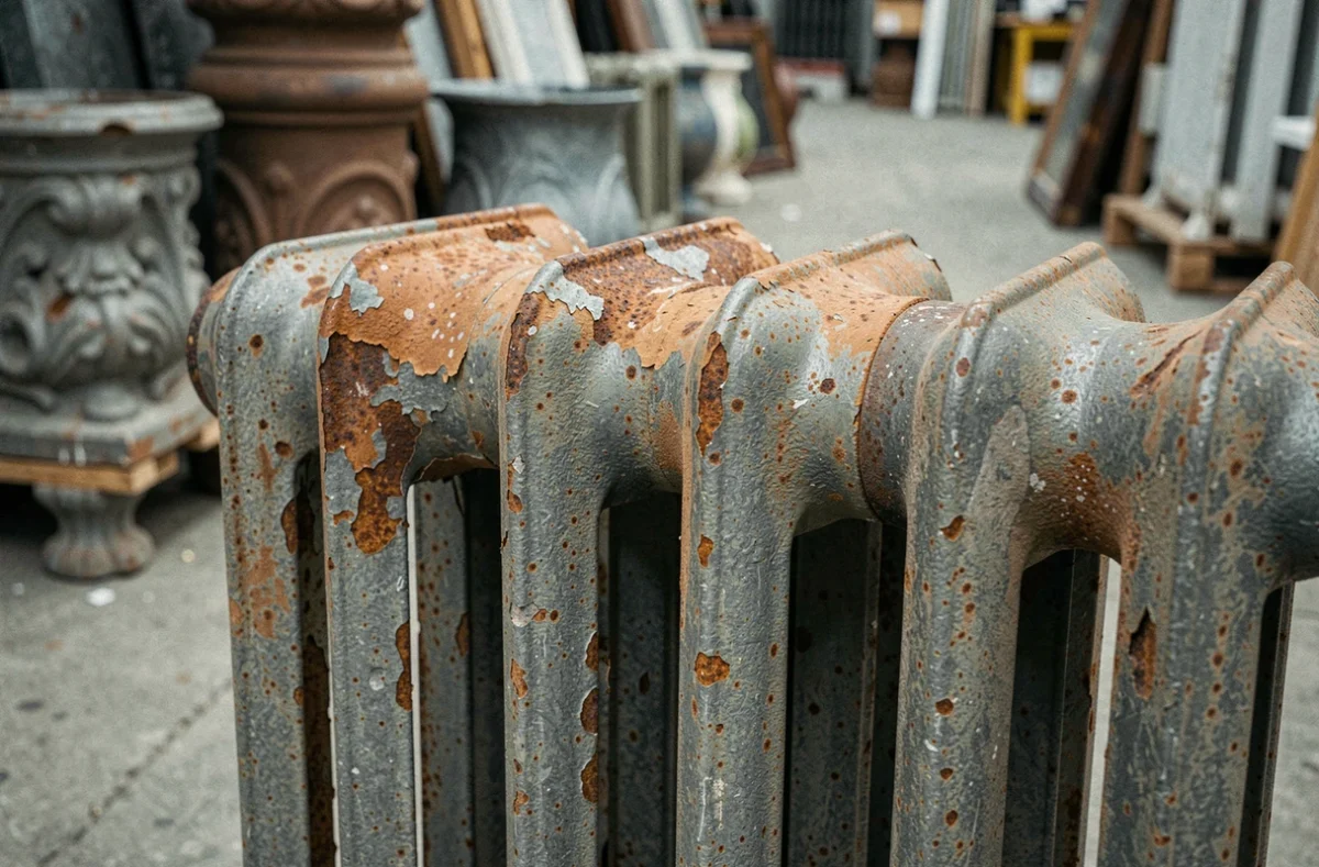 Gros plan sur une section de radiateur en fonte ancienne à la patine usée, exposée dans une brocante avec d'autres éléments architecturaux de récupération