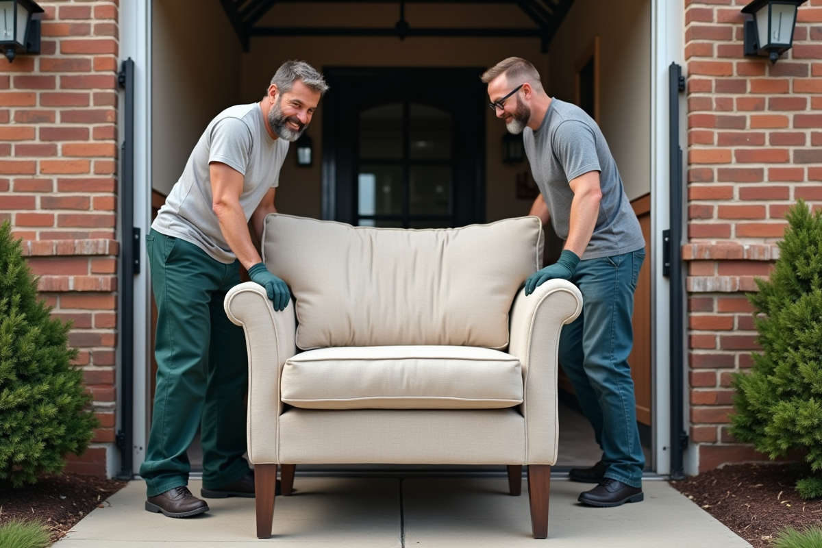 Deux hommes déplaçant un canapé devant une maison lors d