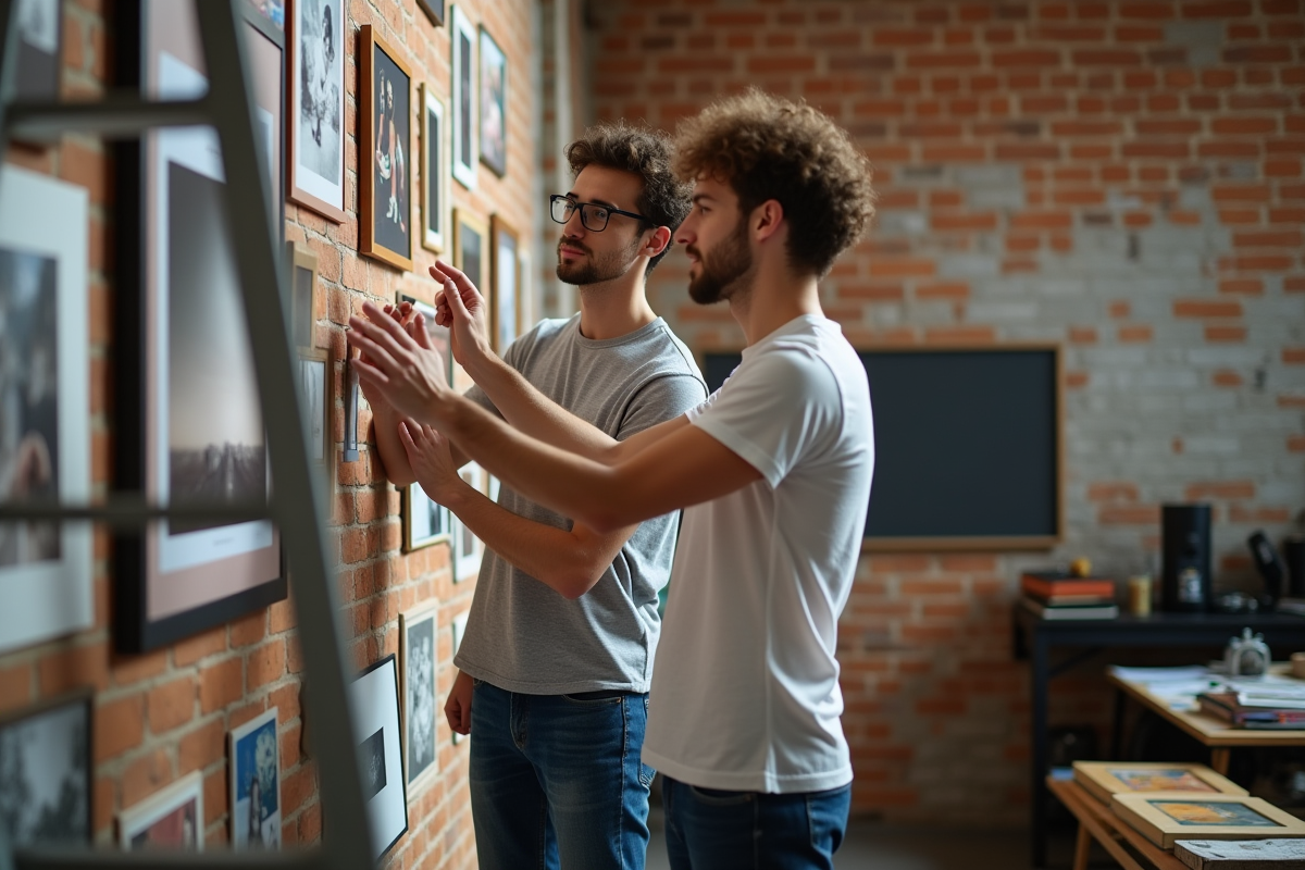 Deux jeunes hommes discutant d une composition photo dans un loft