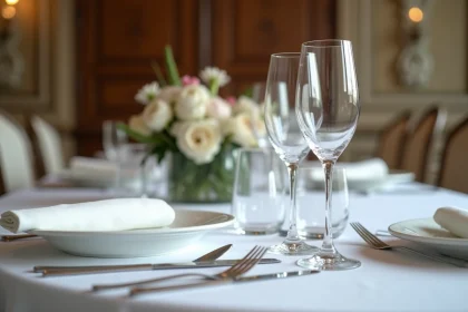 Disposition formelle des verres sur une table élégamment dressée avec cristal et porcelaine blanche