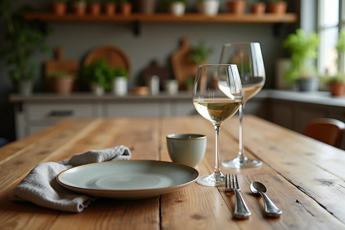 Disposition décontractée des verres sur une table de repas informel avec vaisselle rustique