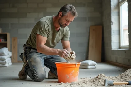 Ouvrier mesurant le dosage de ciment pour préparer une chape mortier maison sur un chantier