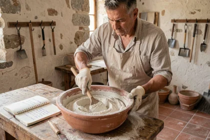 Artisan mélangeant un mortier de chaux et sable dans un atelier traditionnel pour badigeon décoratif