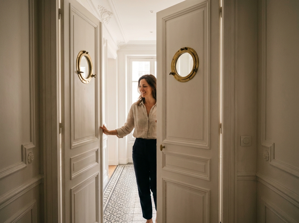 Femme traversant une double porte battante blanche avec hublots ronds dans un couloir d'appartement haussmannien rénové avec carrelage de ciment et moulures en plâtre