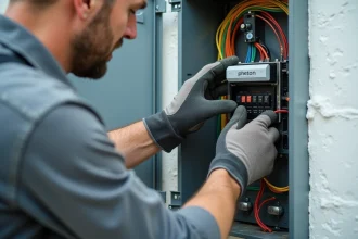 Électricien professionnel branchant un interrupteur poussoir sur un télérupteur dans un tableau électrique résidentiel ouvert