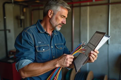 Électricien homme en travail dans un sous-sol résidentiel