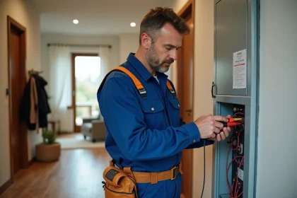 &Eacute;lectricien professionnel v&eacute;rifiant un panneau &eacute;lectrique moderne