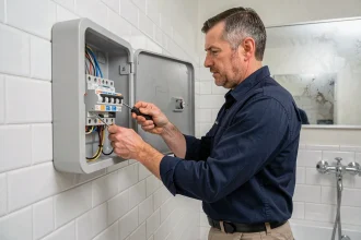 Électricien installant un disjoncteur de type A dans un tableau électrique de salle de bains carrelée