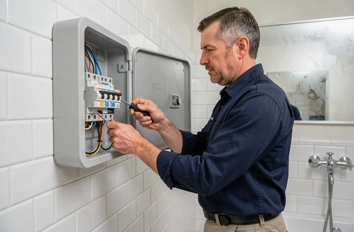 Électricien installant un disjoncteur de type A dans un tableau électrique de salle de bains carrelée