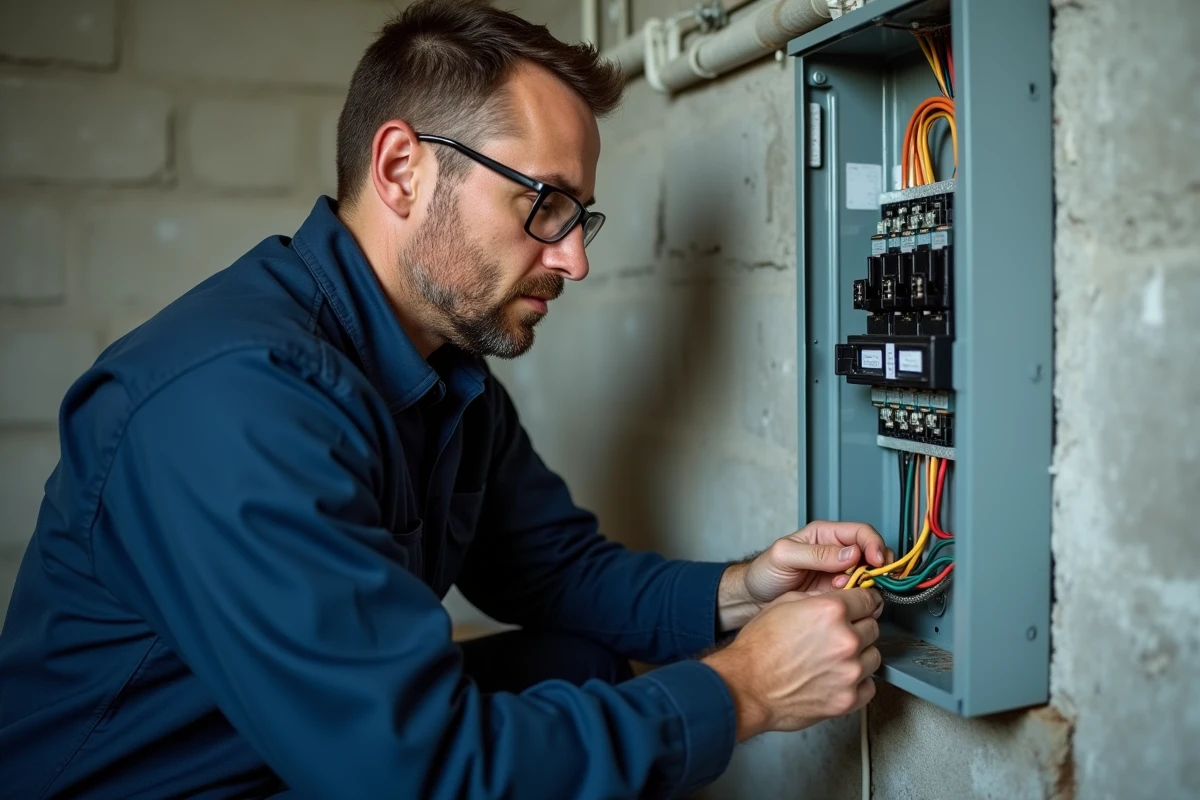 Électricien professionnel vérifiant le câblage de mise à la terre dans un tableau électrique résidentiel conforme à la norme NFC 15-100