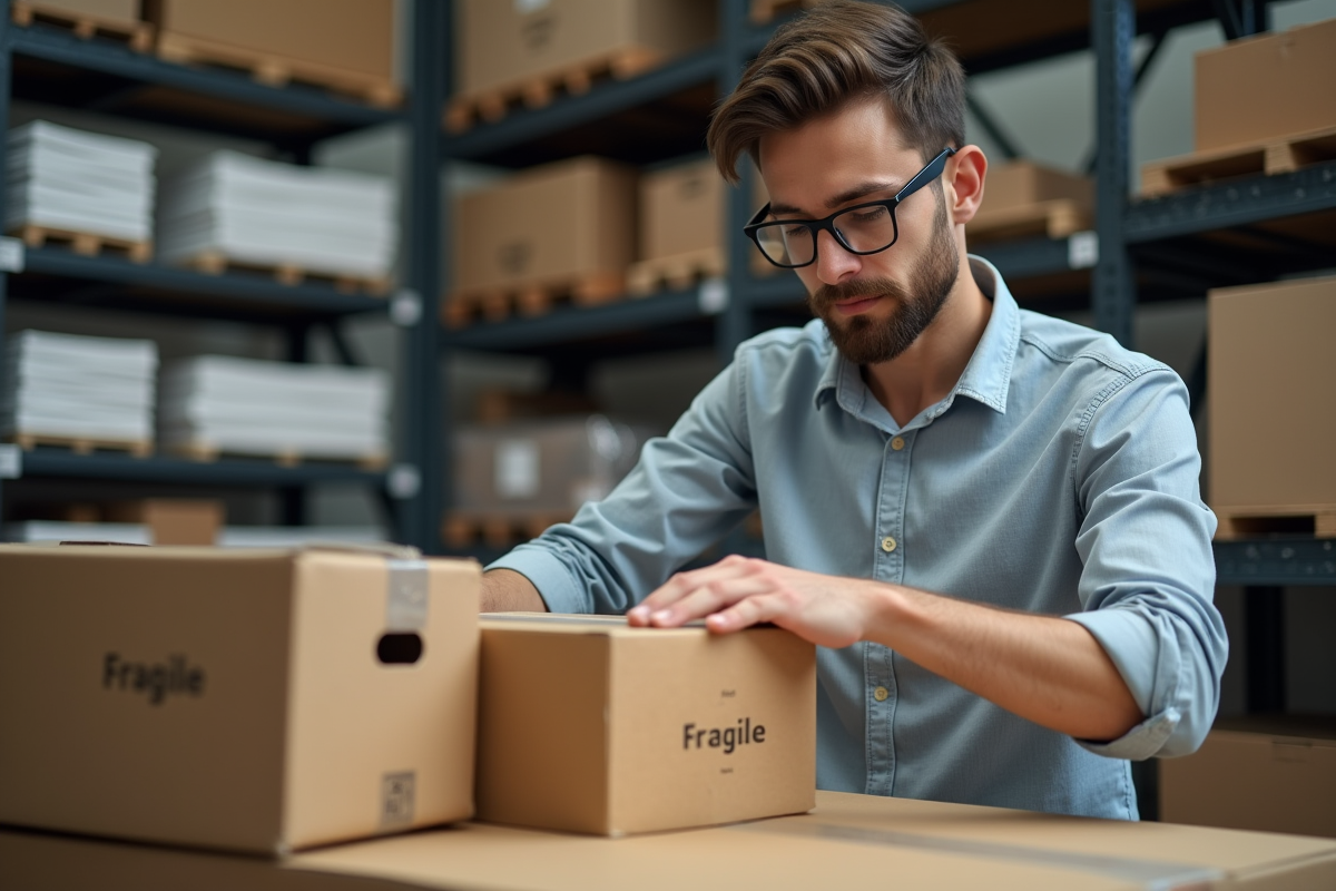Homme scellant un colis fragile dans un atelier d