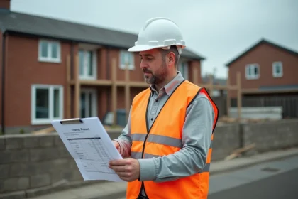 Entrepreneur sur chantier en train d'examiner un devis détaillé sur presse-papiers devant un mur en briques inachevé
