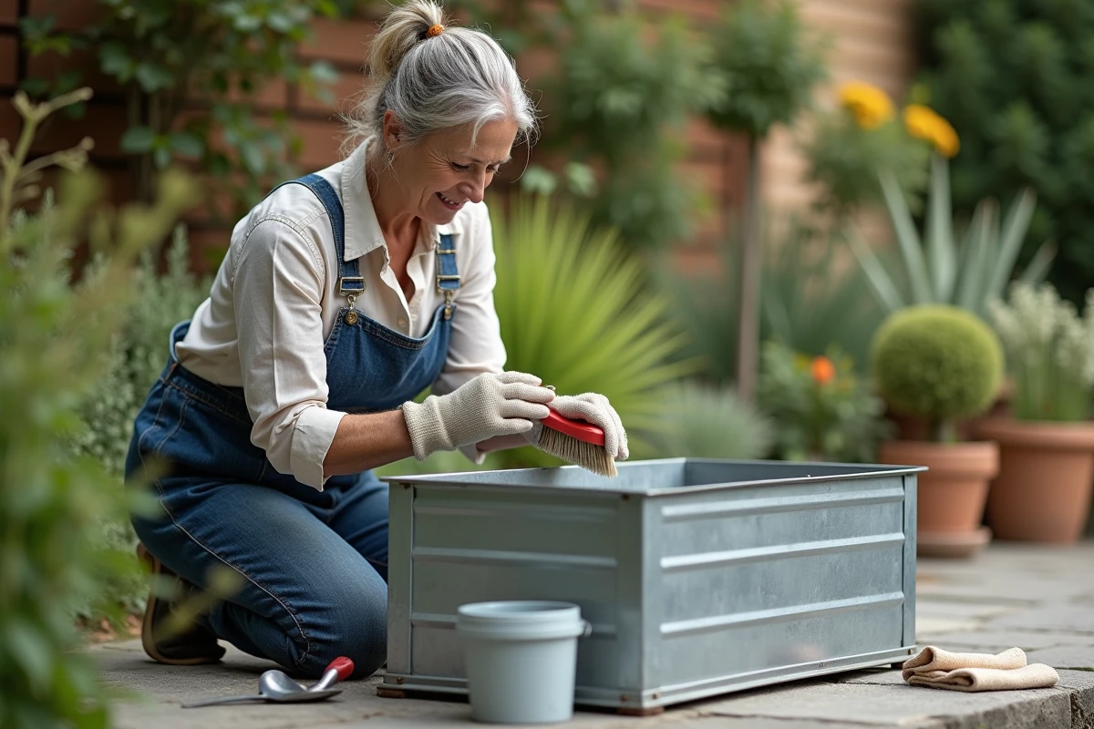 Femme appliquant un traitement protecteur sur un bac acier imitation zinc dans un jardin